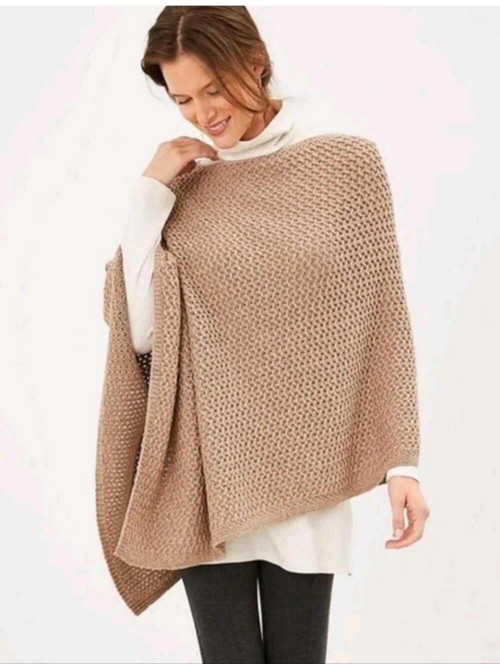 J Jill OS Tan Asymmetrical Poncho Sweater Soft Knit Cozy Warm Preppy Old Money